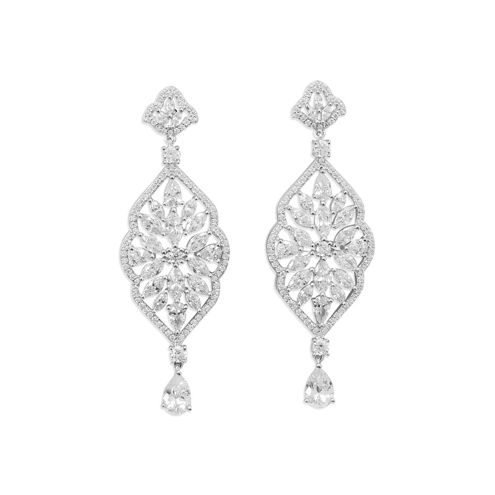 Elegant rhodium plated over sterling silver, 222 CZs chandelier post earrings